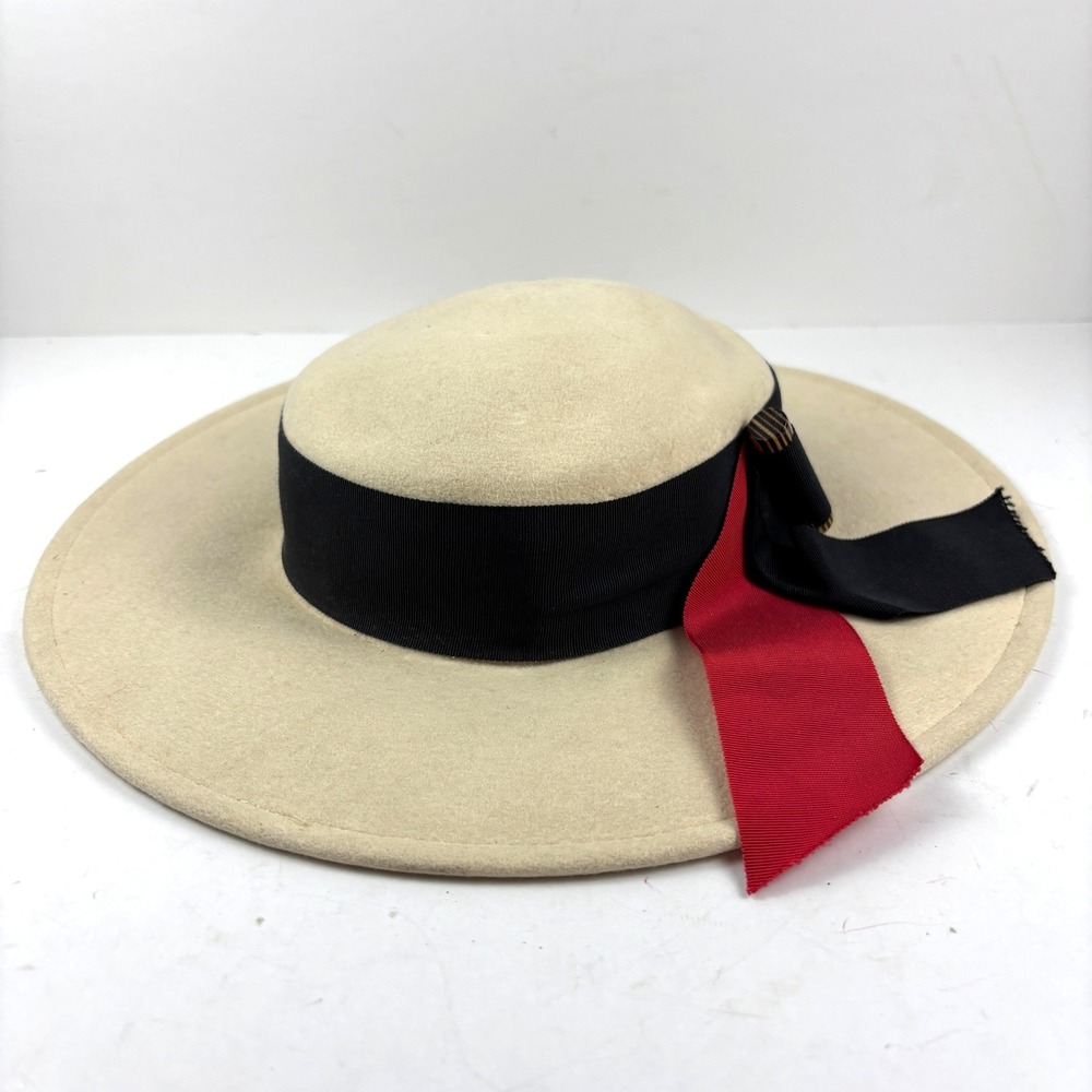 VTG Sonni San Francisco Wool Skimmer Boat Hat Wide Brim Sun Derby Red Cream Blk